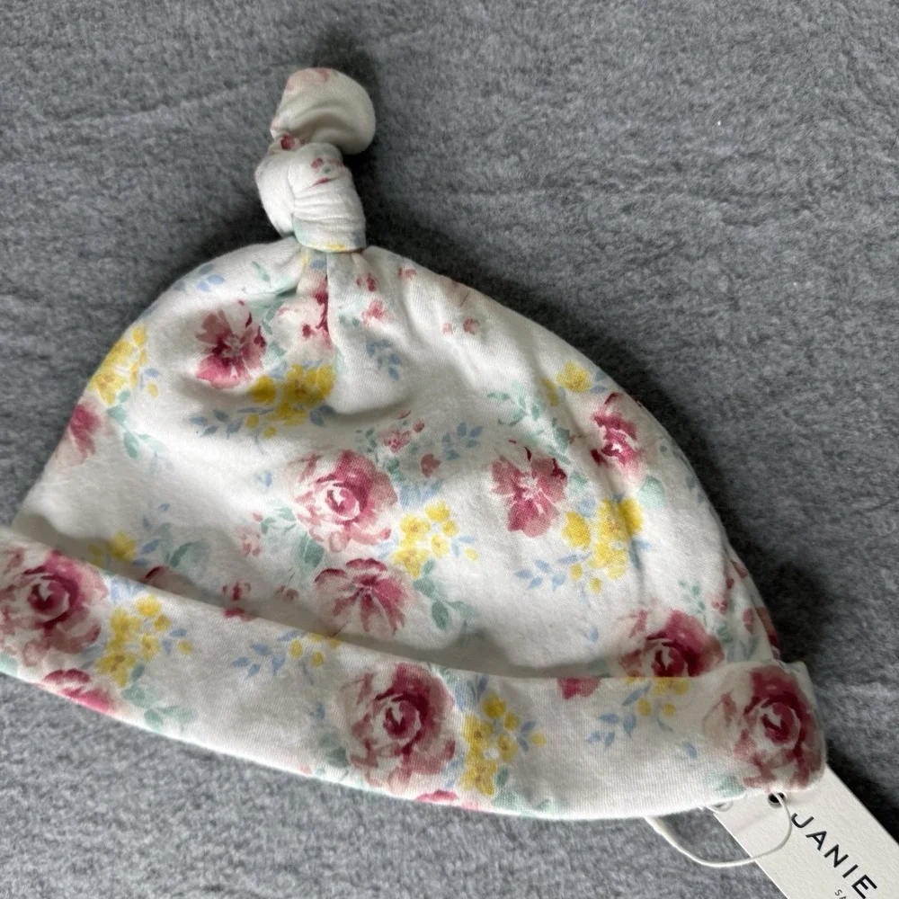 New Janie And Jack White Pink‎ Floral Top Knot Baby Hat 18-24 Months